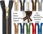 (image for) Brass #5 Separating Jacket Zippers | Gold Metal Separating Jacket Zipper | One way Brass Jacket Zippers