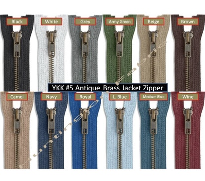 (image for) YKK #5 Antique Brass Jacket Zipper | Standard and Custom Cut Length Zippers